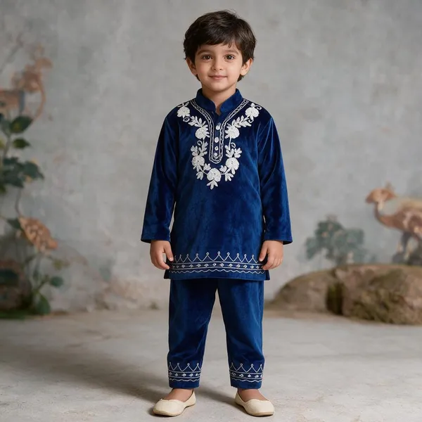 Blue_Velvet_Embroidered_Kurti_Set_For_Kids