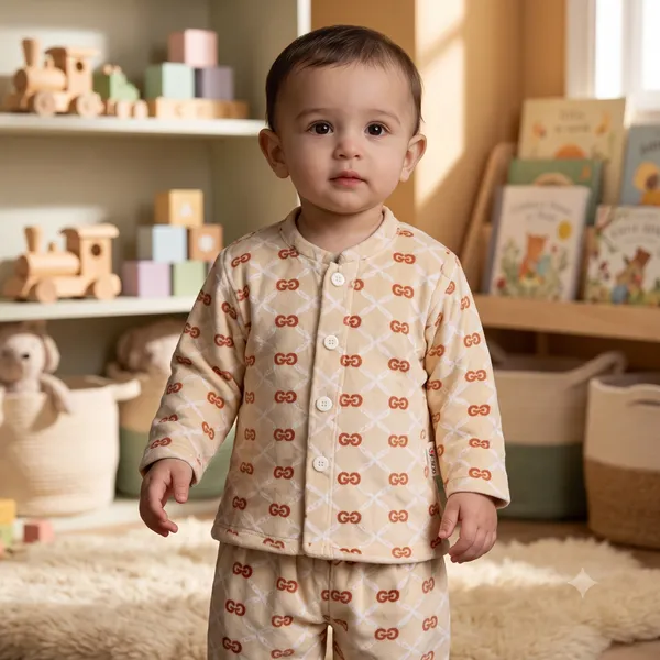 Cream_Hosiery_Printed_Kurta_Pajama_Cap_Suit_For_Kids
