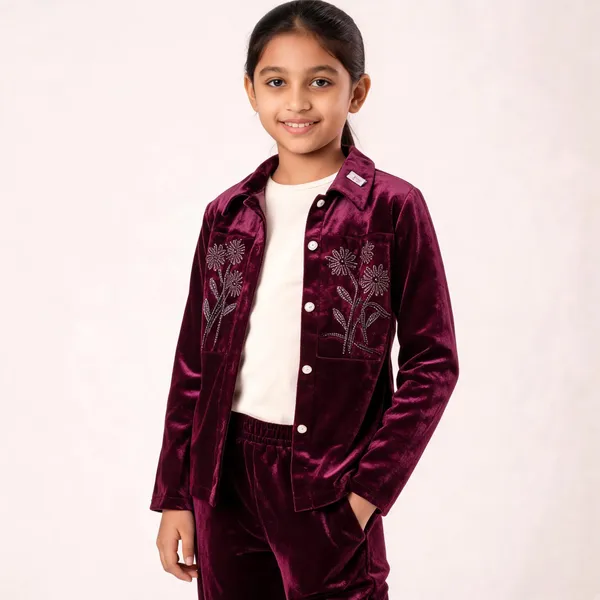 Maroon_Velvet_Embroidered_Coat_Set_For_Kids