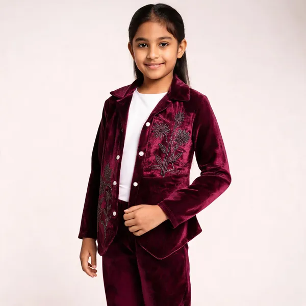 Maroon_Velvet_Embroidered_Coat_Set_For_Kids