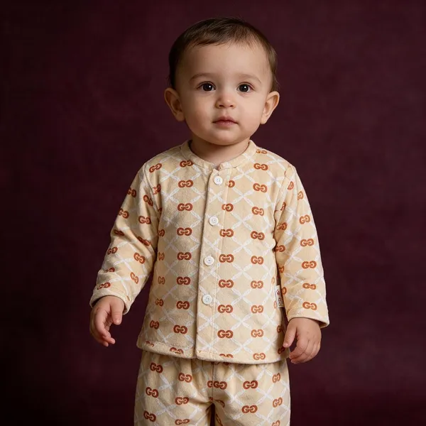 Cream_Hosiery_Printed_Kurta_Pajama_Cap_Suit_For_Kids