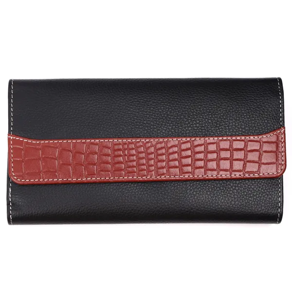 Black-Tan_Leather_Croc_Accent_Long_Wallet_for_Women
