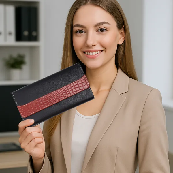Black-Tan_Leather_Croc_Accent_Long_Wallet_for_Women