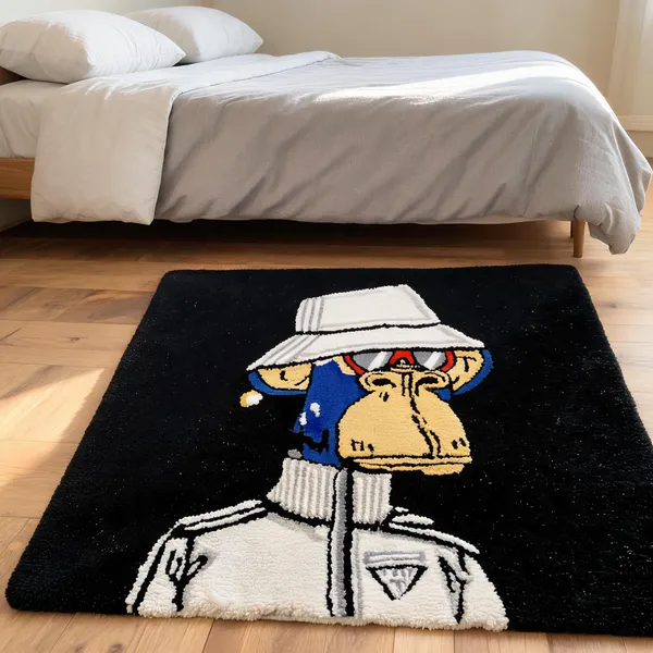 White_Wool_Contemporary_Sad_Ape_Print_Cut_Pile_Hand_Tufted_Rug