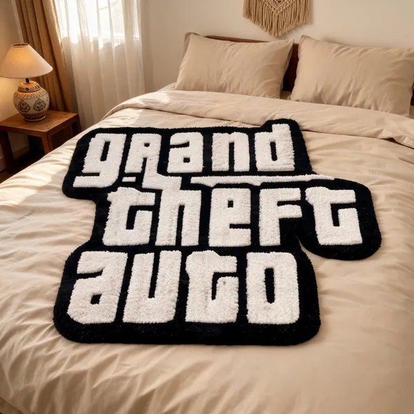 White_Wool_Cut_Pile_Gta_Letter_Print_Rug