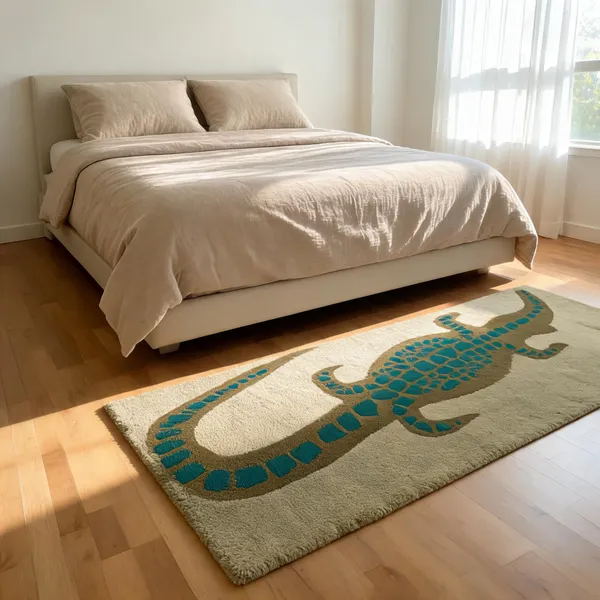 Green_Wool_Cut_Pile_Crocodile_Animal_Print_Rug