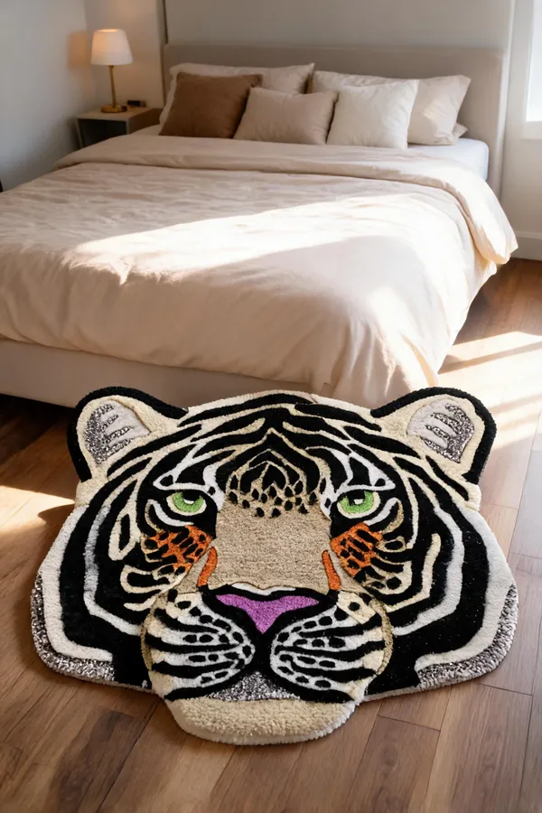 Black_Wool_Cut_Pile_Tiger_Face_Print_Rug