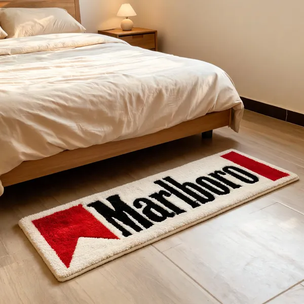 White_Wool_Cut_Pile_Marlboro_Logo_Print_Rug