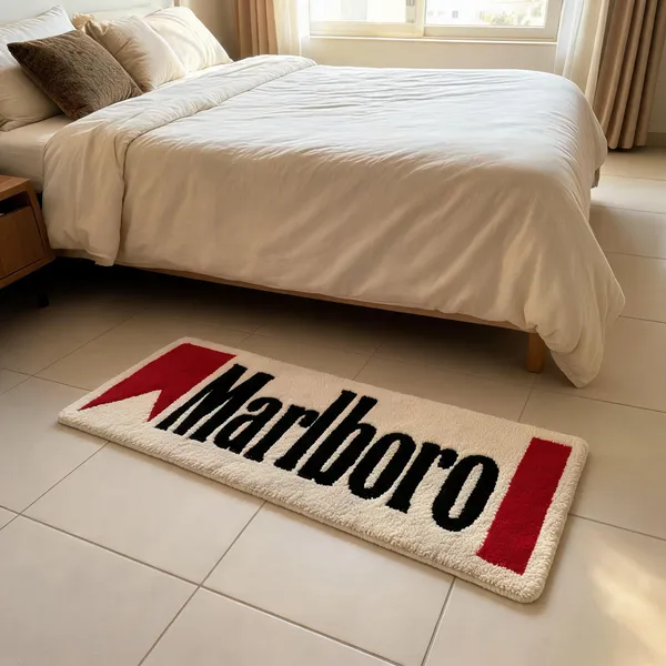 White_Wool_Cut_Pile_Marlboro_Logo_Print_Rug