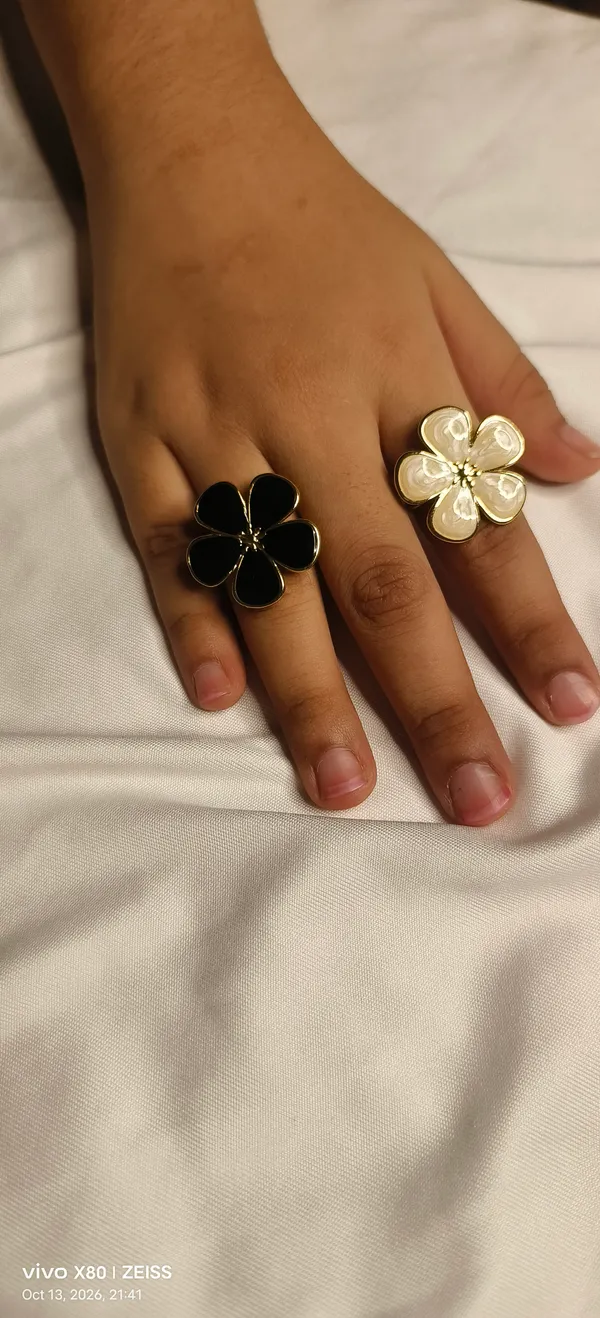 White_&_Black_Stainless_Steel_Enamel_Floral_Adjustable_Ring_Set_For_Women_Pack_of_2