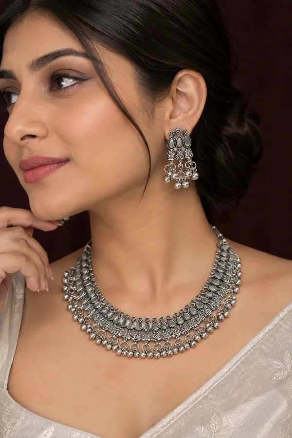 Oxidised_Silver_Brass_Geometric_Ghungroo_Fringe_Choker_Necklace_Set_For_Women
