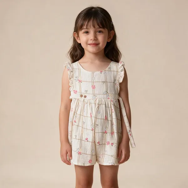 Cream_Floral_Print_Sleeveless_Romper_For_Baby_Girls