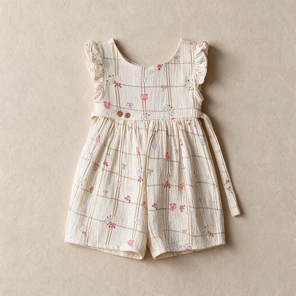 Cream_Floral_Print_Sleeveless_Romper_For_Baby_Girls