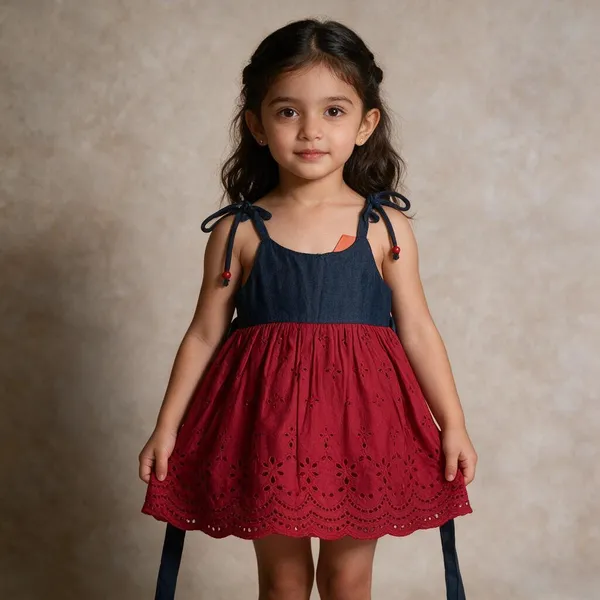 Red_And_Navy_Embroidered_Flared_Dress_For_Girls