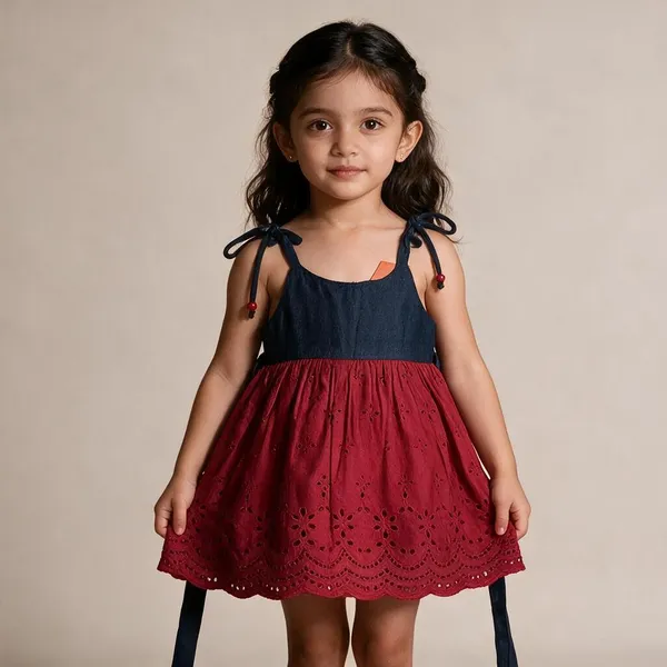 Red_And_Navy_Embroidered_Flared_Dress_For_Girls