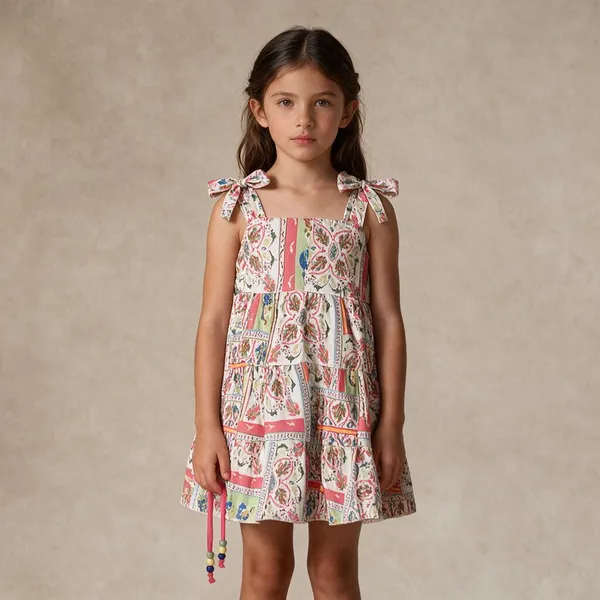 Multicolor_Printed_Flared_Dress_With_Drawstring_Waist_For_Girls