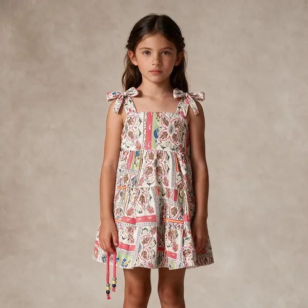 Multicolor_Printed_Flared_Dress_With_Drawstring_Waist_For_Girls