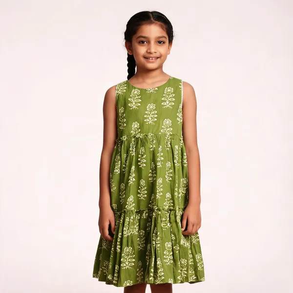 Green_Printed_Tiered_Dress_For_Girls