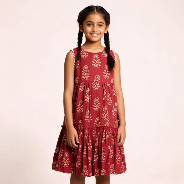 Maroon_Floral_Print_Sleeveless_Dress_For_Girls