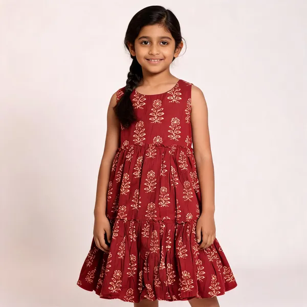 Maroon_Floral_Print_Sleeveless_Dress_For_Girls