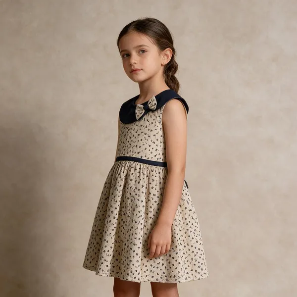 Beige_Floral_Print_Flared_Dress_For_Girls