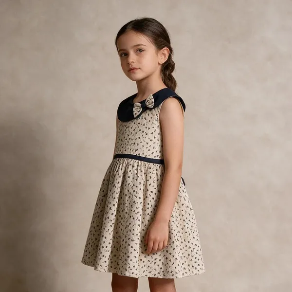 Beige_Floral_Print_Flared_Dress_For_Girls