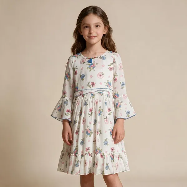 White_Floral_Printed_Flared_Dress_For_Girls