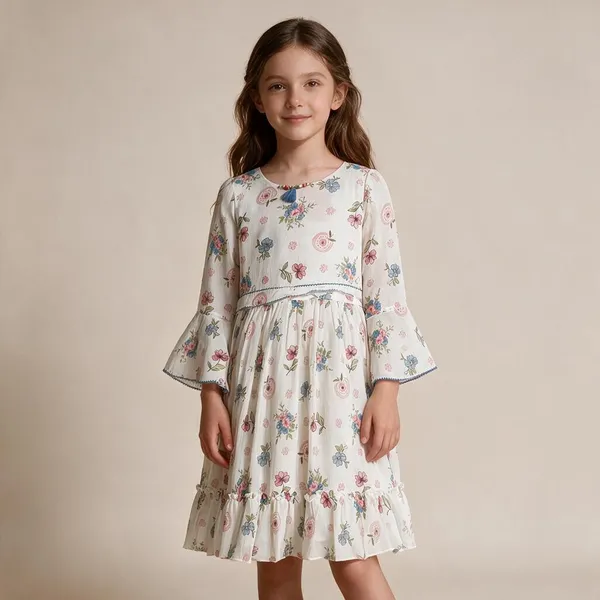 White_Floral_Printed_Flared_Dress_For_Girls