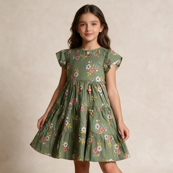 Green_Floral_Printed_Flared_Dress_For_Girls