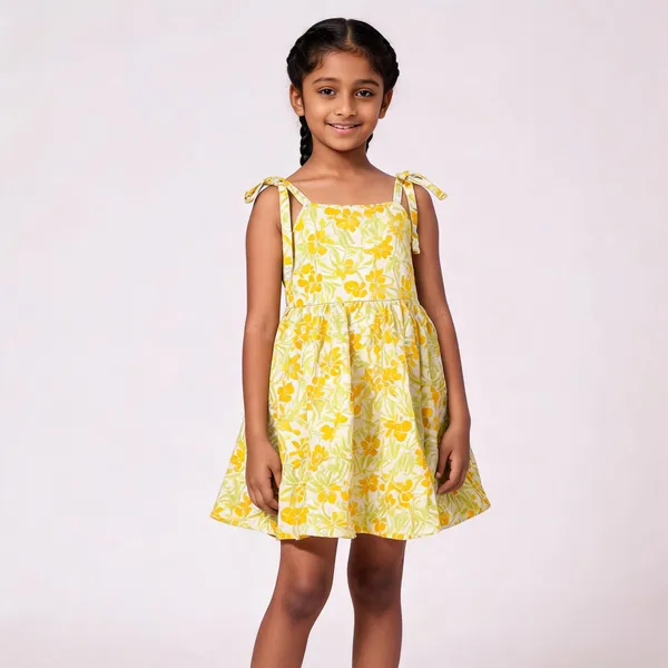Yellow_Floral_Print_Flared_Dress_For_Girls