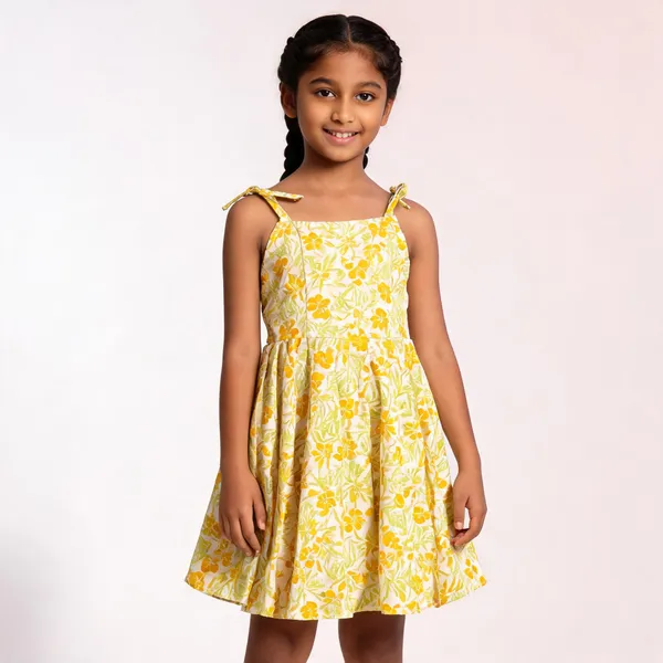 Yellow_Floral_Print_Flared_Dress_For_Girls