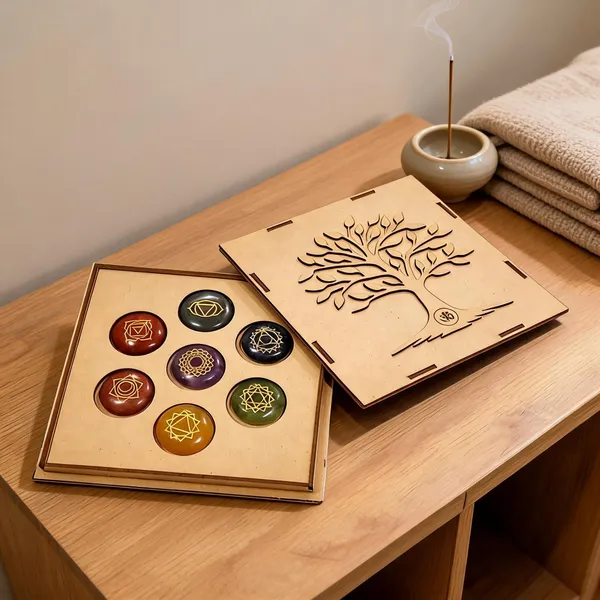 7_Chakra_Healing_Stone_Set_with_Tree_OM_Wood_Box_(Round_Shape_Stones)