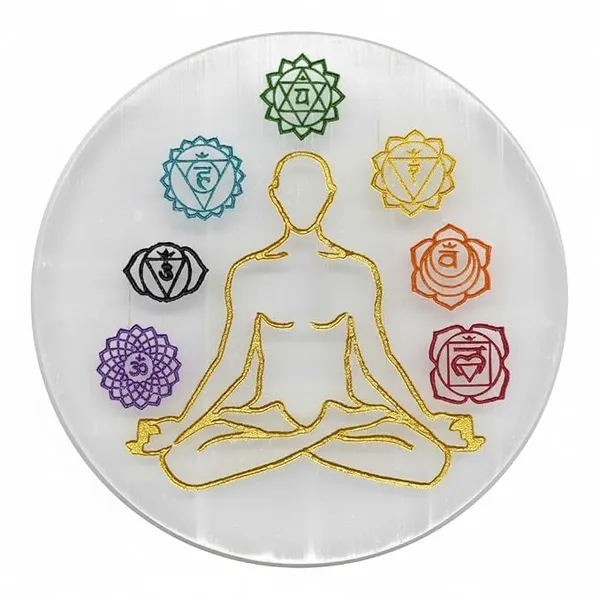 7_Chakra_Selenite_Charging_Plate,_featuring_a_central_meditative_figure_surrounded_by_engraved_colored_symbols_representing_the_seven_body_chakras._(3_inch)