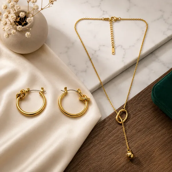18k_Gold_Plated_Knot_Hoop_Earrings_And_Loop_Necklace_For_Women_Pack_Of_2