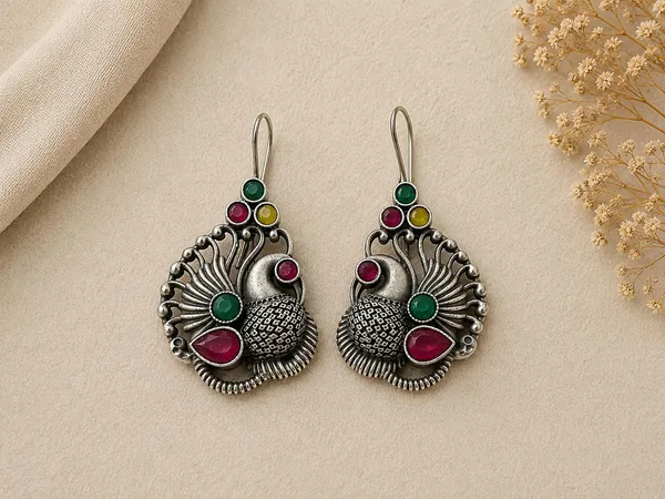 Silver-Tone_Oxidized_Peacock_Drop_Earrings_for_Women