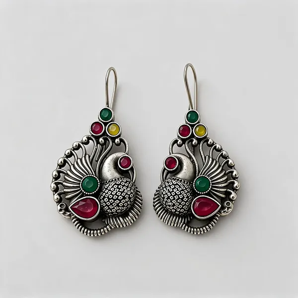 Silver_Stainless_Steel_Oxidised_Peacock_Drop_Earrings_For_Women