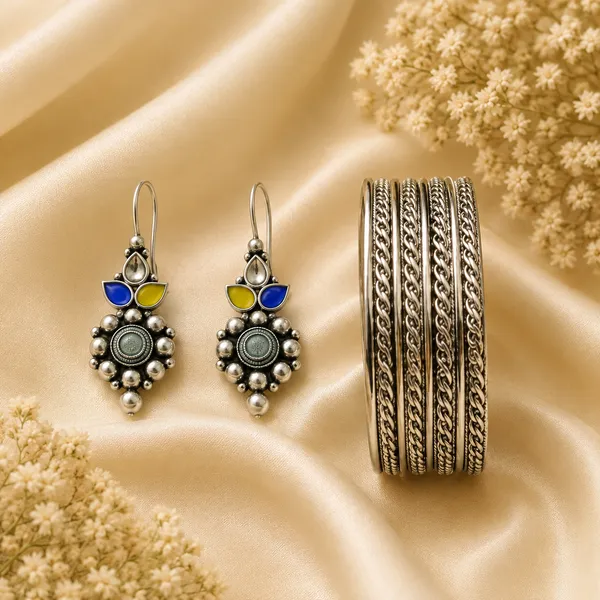 Silver_Replica_Multi_Coloured_Drop_Earrings_And_Rhodium_Plated_Braided_Bangle_Set_For_Women_Pack_Of_2