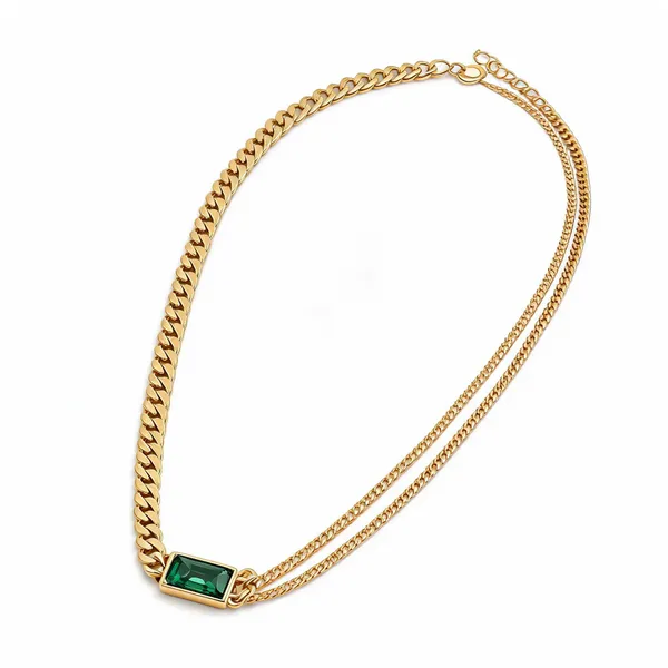 Gold_Stainless_Steel_Double_Strand_Green_Pendant_Necklace_For_Women