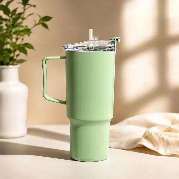 Green_plastic_Solid_Handle_Tumbler_With_Straw_Lid