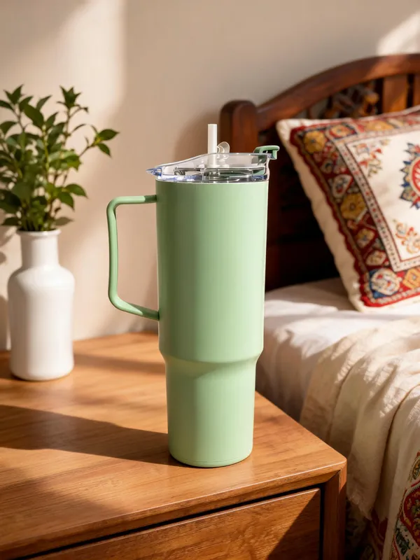 Green_plastic_Solid_Handle_Tumbler_With_Straw_Lid