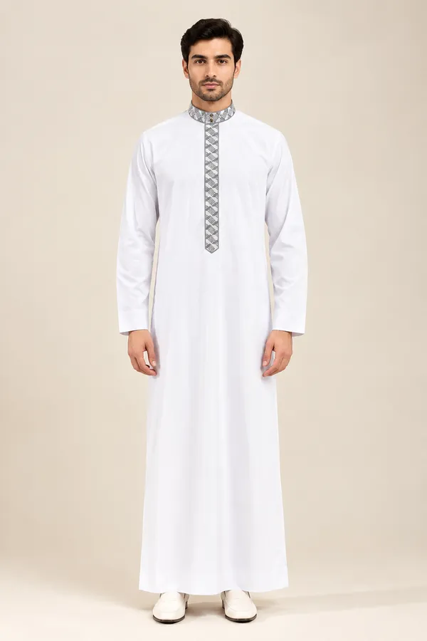 White_Satin_Fabric_Plain_Embroidery_Saudi_Thobe_For_Men