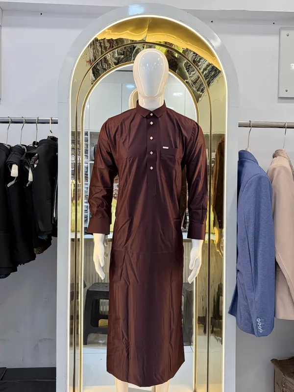 Brown_Tr_Fabric_Double_Collar_Kali_Raheb_Thobe_For_Men