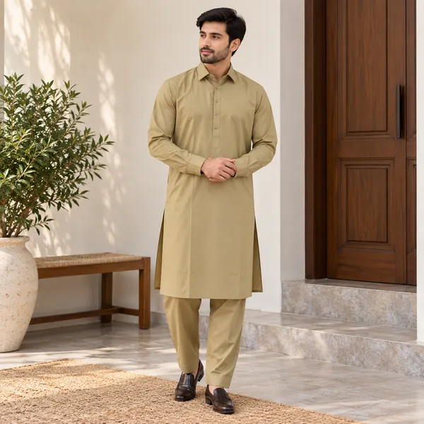 Beige_Cotton_Kurta_Shalwar_For_Men
