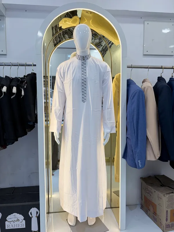 White_Satin_Fabric_Plain_Embroidery_Saudi_Thobe_For_Men
