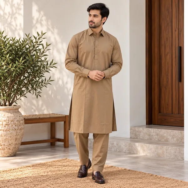 Brown_Cotton_Kurta_Shalwar_For_Men