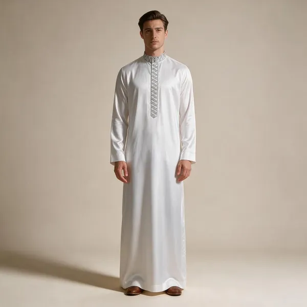 White_Satin_Fabric_Plain_Embroidery_Saudi_Thobe_For_Men