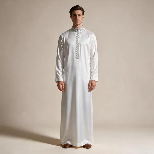 White_Satin_Fabric_Plain_Embroidery_Saudi_Thobe_For_Men