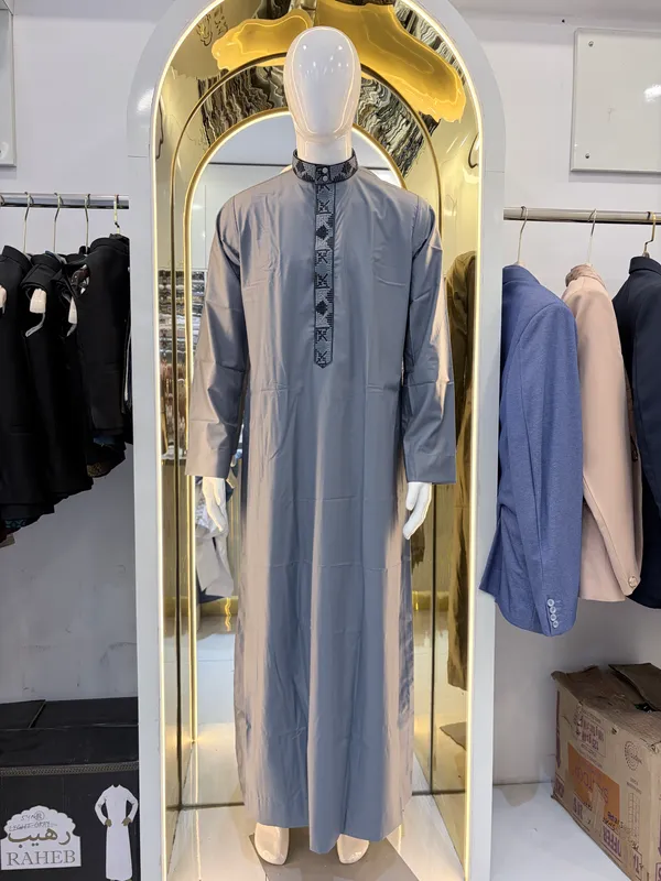 Grey_Tr_Plain_Regular_Embroidery_Thobe_For_Men