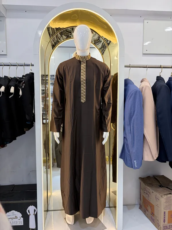 Brown_Tr_Fabric_Regular_Embroidery_Thobe_For_Men