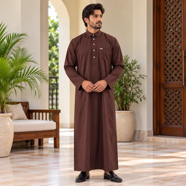 Brown_Tr_Fabric_Double_Collar_Kali_Raheb_Thobe_For_Men